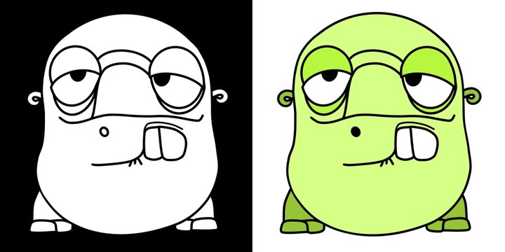 Outline and colored drawing of a light green monster.
