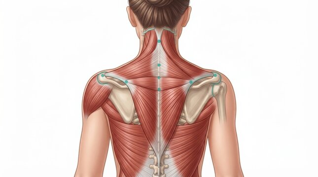 Illustration of human muscle anatomy showing muscles in the upper back relevant to sports injuries and muscle fiber physiology