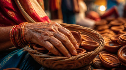 Obraz premium Elderly Hands Arrange Traditional Clay Diyas for Diwali Festival Preparation