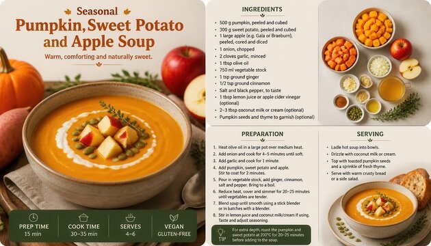 Seasonal Pumpkin, Sweet Potato, and Apple Soup: A vibrant bowl of autumn-inspired soup, artfully garnished, sits alongside fresh ingredients and a detailed recipe.