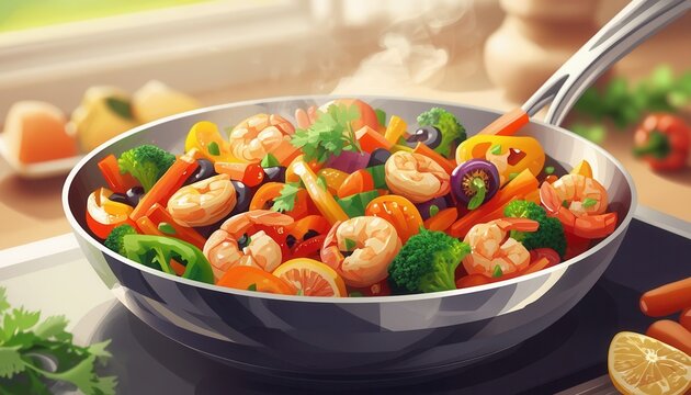 Vibrant Stir-Fry: A colorful and fresh stir-fry bursting with shrimp, broccoli, bell peppers, and carrots sizzles in a pan, promising a delicious and healthy meal.