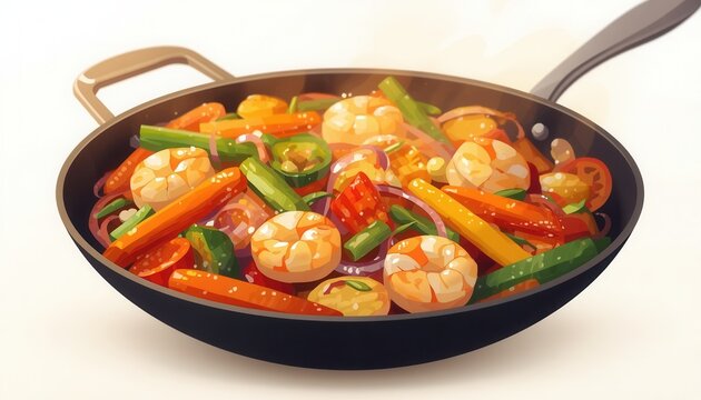 Stir-fried Prawns and Vegetables in Wok: A vibrant assortment of fresh prawns, crisp carrots, and colorful bell peppers are expertly stir-fried in a hot wok, creating a delicious and healthy meal.