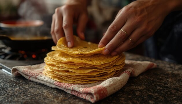 Hands Preparing Tortillas: A close-up shot captures a pair of hands expertly stacking freshly made tortillas on a rustic cloth, hinting at the warmth and tradition of homemade cuisine.