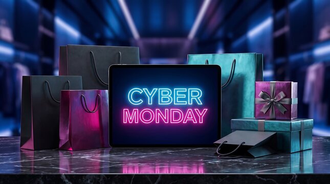 Cyber Monday Tablet Display with Luxury Shopping Bags