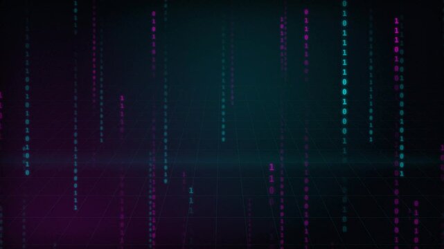 Digital binary code streaming down in cyan and purple neon on a dark background, ideal for cybersecurity, data analysis and software development promotions