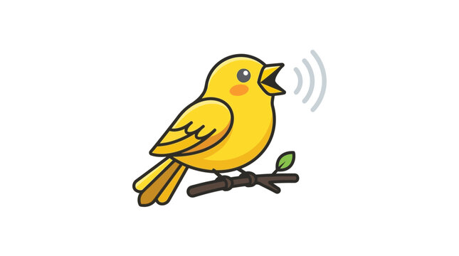 Cute Yellow Singing Bird on a Branch Vector Illustration