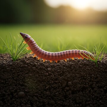 Red centipede crawling on soil in a green field