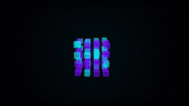 Glowing 3D digital cube grid rotating on dark background, perfect for tech intros, data visualization and science presentations
