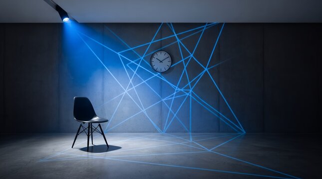 A single black chair sits in a dimly lit room with blue light projected on the wall and a clock overhead.