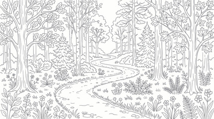 Obraz premium Forest path through trees and wildflowers coloring page.