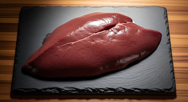 Fresh raw animal liver on a dark stone plate
