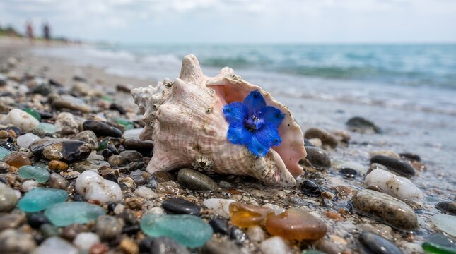 A large, pale conch seashell rests on a pebble-strewn beach with a bright blue flower accenting its opening and the ocean beyond.