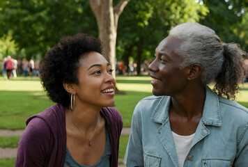 Fototapeta premium Smiling african american young woman and older man looking at each other in a park setting, They are engaged in a happy conversation, intergenerational connection and positive relationships
