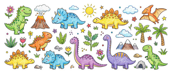 Cute Cartoon Dinosaurs Collection Isolated Transparent Background © bolo