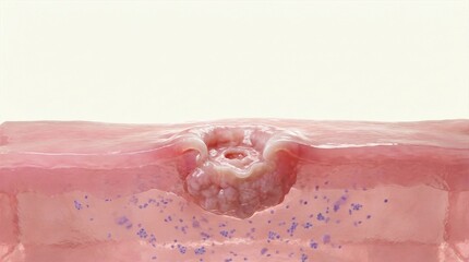 Fototapeta premium 3D anatomical render of a deep skin ulcer with dermal tissue inflammation and immune cell response