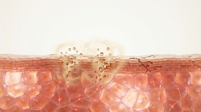 3D illustration of damaged cracked skin barrier losing moisture with inflamed dermal layers
