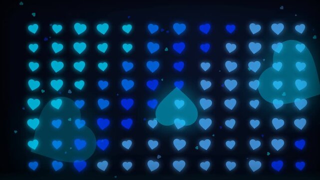 Glowing blue heart shapes moving in a grid pattern on a dark background, perfect for romance video, wedding backgrounds and valentine day promotions
