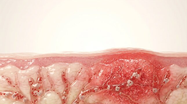 Microscopic cross section showing severe skin inflammation with blood vessel dilation and immune cell migration