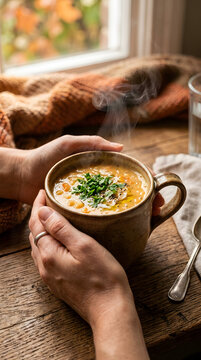 Hands holding a warm mug of cream soup with steam rising on a wooden table in early autumn