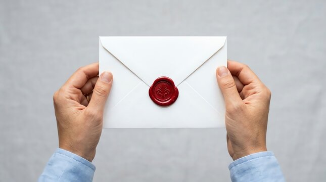 Person holding a white paper envelope sealed with red wax, representing personal correspondence
