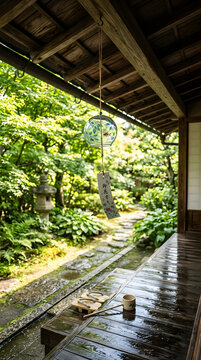 Japanese wind chime hanging on a traditional porch with wet wooden floor in late summer