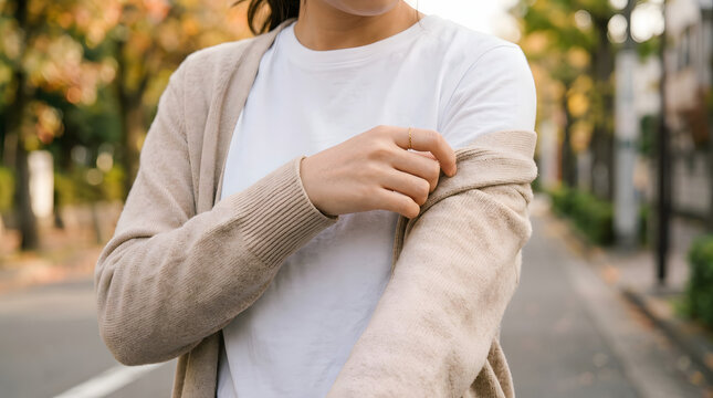 Close-up of a young person putting on a lightweight cardigan over a summer shirt outdoors