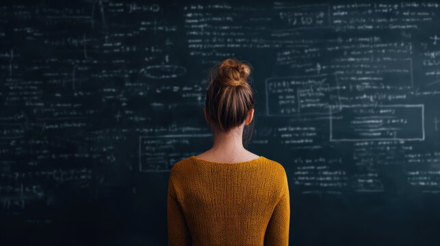 Woman Standing Before Chalkboard With Complex Mathematical Equations for Academic Research Scientific Study