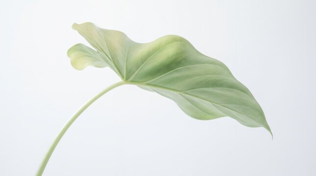 A single large, light green Philodendron leaf unfurls gracefully against a minimalist, bright white background.