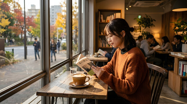 Young woman reading a paper book by a window in a quiet cozy cafe on an early autumn afternoon