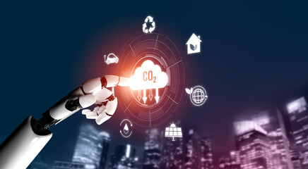 Fototapeta premium AI artificial intelligence accelerates net zero goals by supporting green strategies, smart energy tools, and virtual assistants for climate-conscious business operations. Vouch