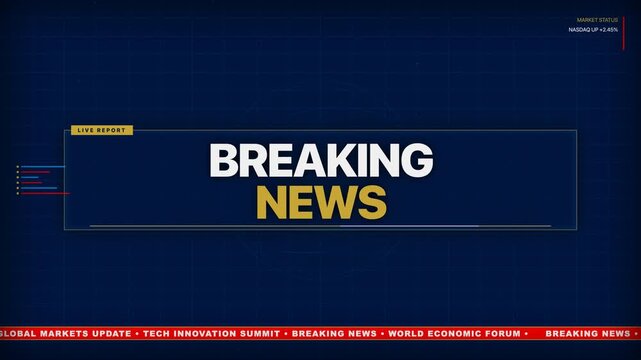 Breaking News motion graphic with scrolling red ticker on dark blue grid background, perfect for television broadcasting, online news and media production