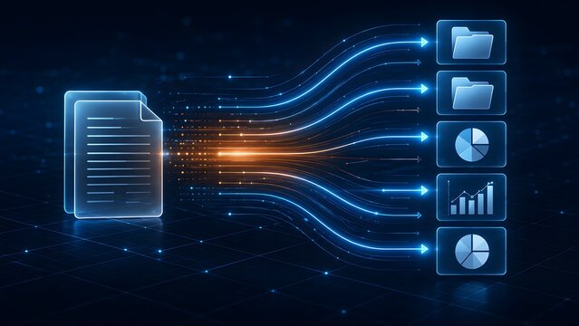 Data extraction workflow transforming a digital document into folders and analytics through organized information streams