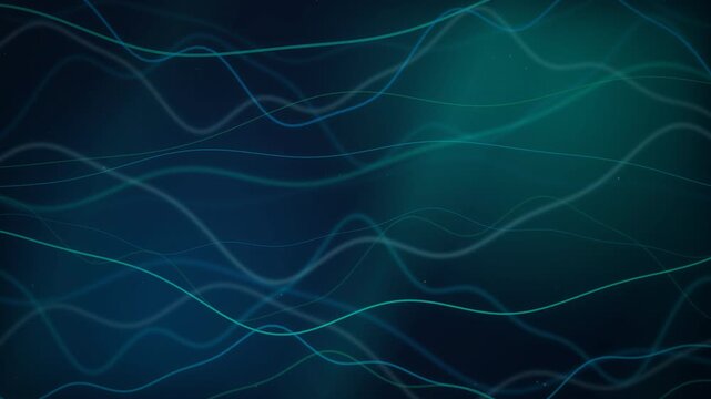 Glowing teal and blue abstract wave lines moving on a dark background, concept for data analysis, technology and science