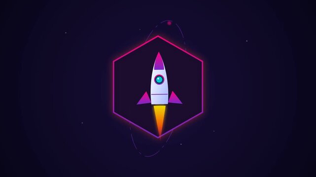 A stylized rocket ship inside a glowing neon hexagon frame set against a dark purple space background for corporate web banner use.