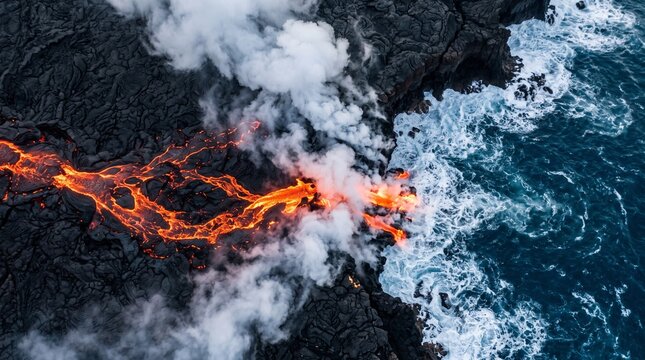 Molten lava flowing across dark volcanic rocks into churning blue ocean, releasing dramatic steam plumes and showcasing nature&rsquo;s raw power.