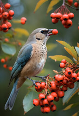 Obraz premium Small bird with speckled chest and blue wings perched on a branch eating a red berry, the birds natural habitat is visible in the background, a moment of wildlife feeding