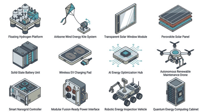 Collection of futuristic renewable energy and technology icons in isometric view.