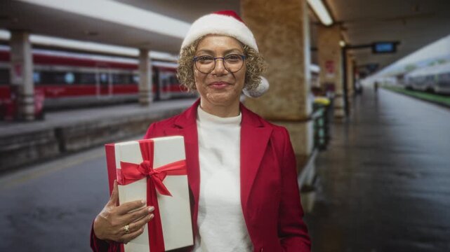 Woman holding gift and flashing peace sign on a train platform in a building wearing santa hat and red jacket; festive.
