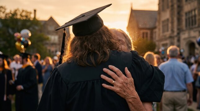 University graduate in academic cap and gown hugging mother during sunset commencement ceremony on campus for education success marketing.