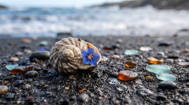 A tiny blue flower peeks from a spiral seashell on a dark sandy beach adorned with vibrant sea glass and pebbles.