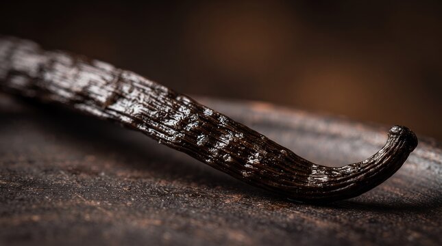 A close-up, detailed shot of a single fragrant vanilla bean, showcasing its textured surface and elegant curve.