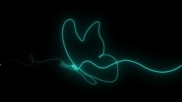 Blue neon butterfly outline with glowing line animation and flowing wave trail on black background abstract flying symbol minimal modern nature design 4k visuals