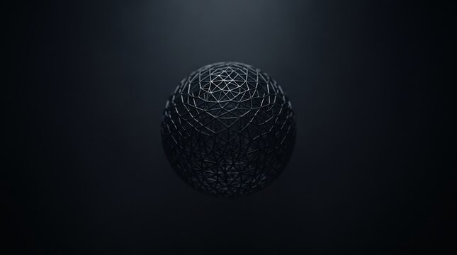 A dark, intricate spherical object with a complex geometric wireframe pattern floats against a deep, mysterious background.