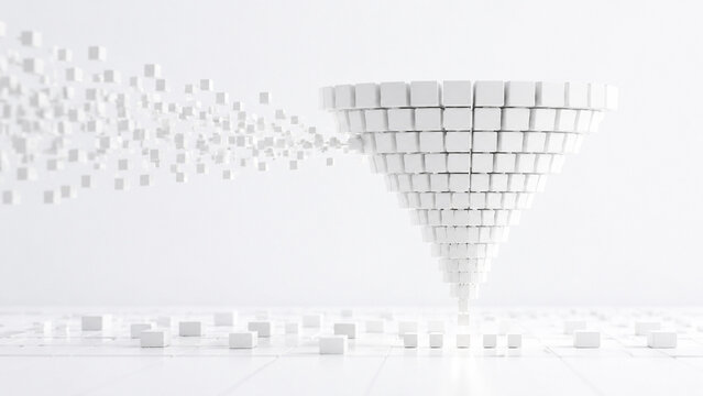 Abstract white cube funnel representing data filtering processing and digital information sorting concept.