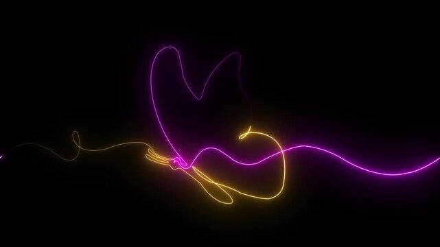 Blue neon butterfly outline with glowing line animation and flowing wave trail on black background abstract flying symbol minimal modern nature design 4k visuals
