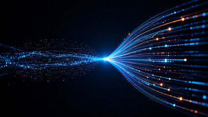 Obraz premium High speed fiber optic data stream converging with glowing digital particles representing telecommunication and cyber network transfer.
