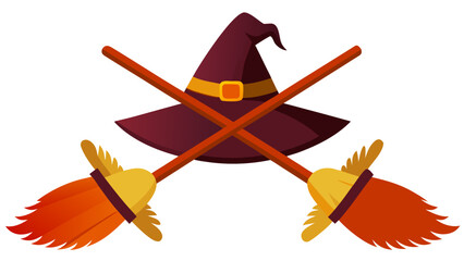 Fototapeta premium Editorial classic witch hat and crossed broomsticks design vector illustration with broomstick halloween celebration illustration