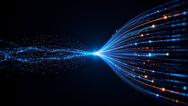 High speed fiber optic data stream converging with glowing digital particles representing telecommunication and cyber network transfer.