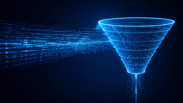 Digital information stream flowing into glowing blue data funnel representing cyber network filtering and big data extraction process.