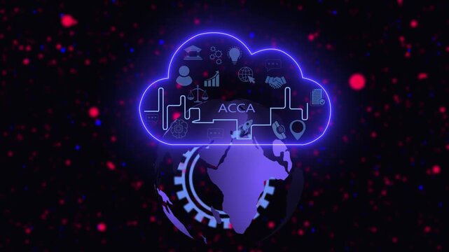Advanced digital cloud computing concept featuring global financial accounting acca integration with glowing neon and rotating earth globe animation for modern corporate business technology